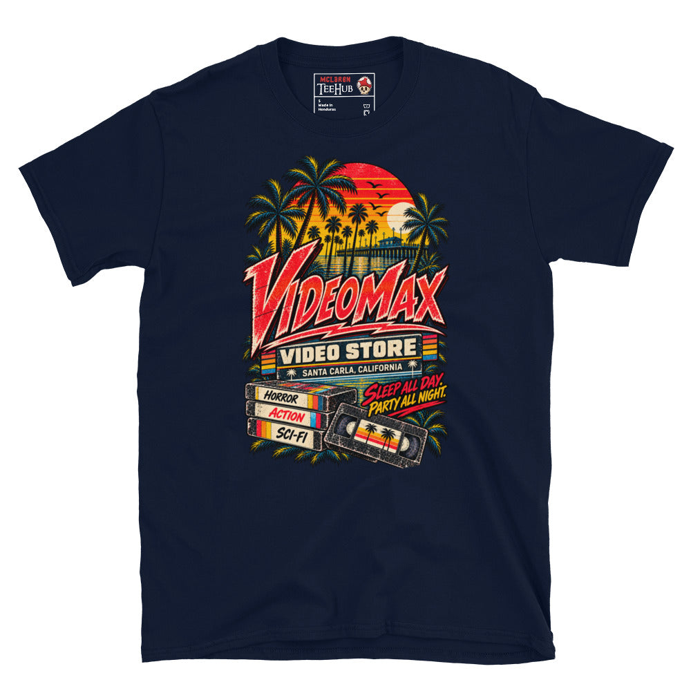 Navy Lost Boys VideoMax Video Store t-shirt with retro California sunset design featuring VideoMax Santa Carla California sign palm trees pier VHS tapes labelled Horror Action Sci-Fi and Sleep All Day Party All Night typography