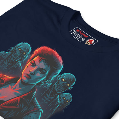 Navy T-shirt with a neon-style illustration of Trash from Return of the Living Dead surrounded by zombies and the movie's title in red."