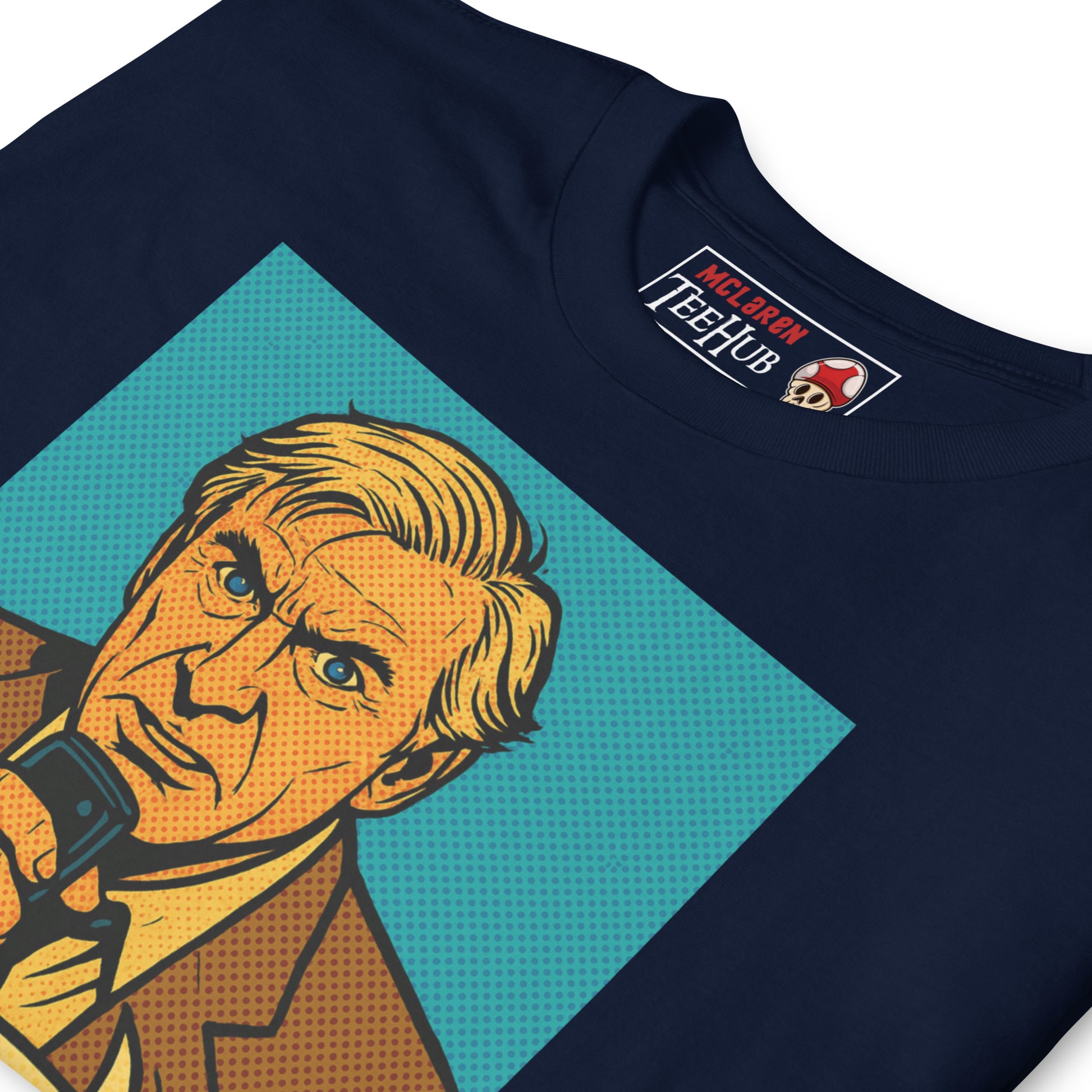 Navy T-shirt featuring a comic-style illustration of Steve McCroskey from the movie 'Airplane!' with the quote 'Looks like I picked the wrong week to quit drinking.