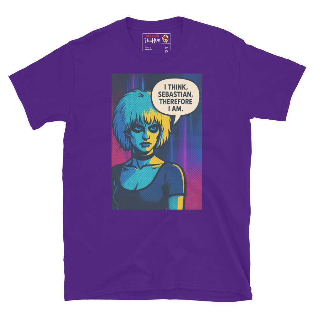 Purple T-shirt with pop art illustration of Pris from Blade Runner saying “I think, Sebastian, therefore I am” in a speech bubble.