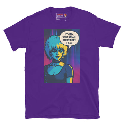 Purple T-shirt with pop art illustration of Pris from Blade Runner saying “I think, Sebastian, therefore I am” in a speech bubble.