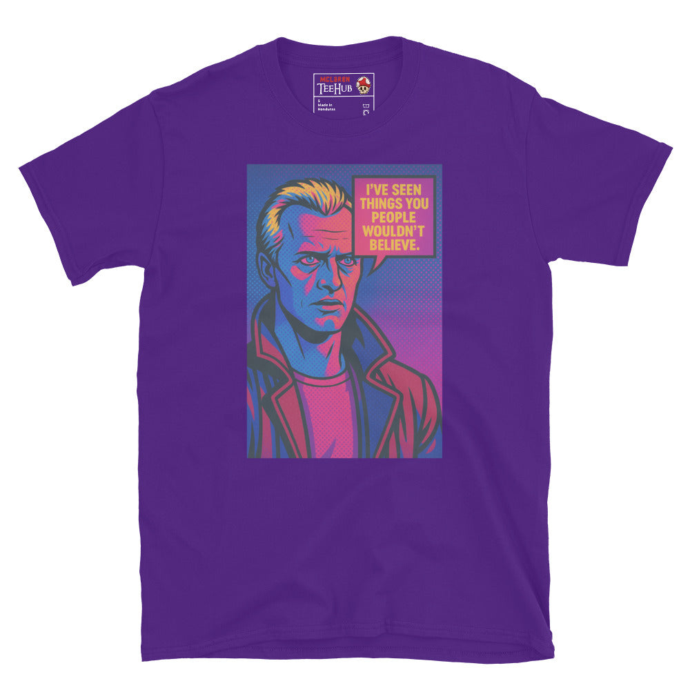 Purple T-shirt with colorful pop art design of Roy Batty from Blade Runner and the quote “I’ve seen things you people wouldn’t believe.”