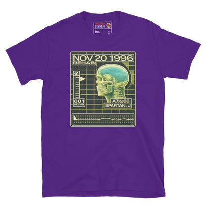 John Spartan The Demolition Man Cryo Readout inspired t-shirt featuring futuristic rehabilitation scanner artwork and retro sci-fi interface design. Purple 