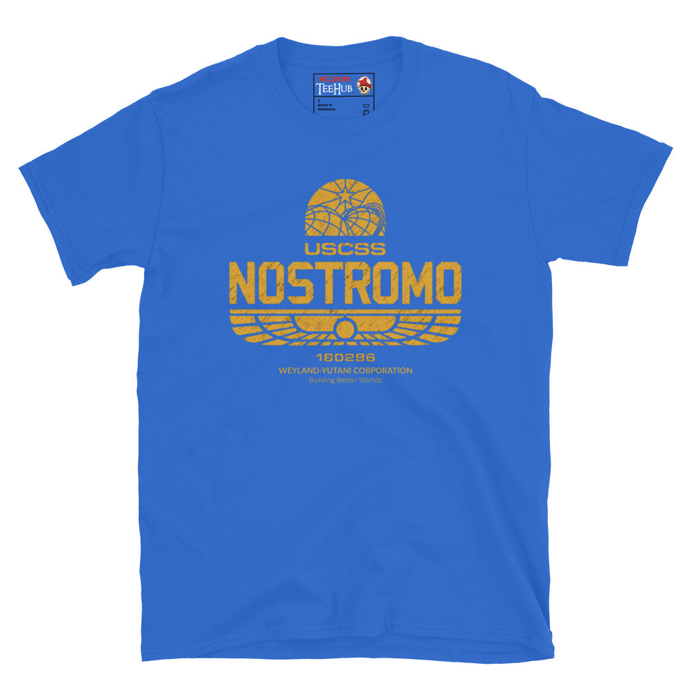 Royal Blue T-shirt with distressed gold USCSS Nostromo logo and Weyland-Yutani Corporation branding from the Alien franchise.