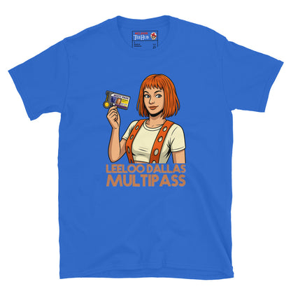 Cartoon-style Leeloo from The Fifth Element holding a multipass with the words “Leeloo Dallas Multipass” on a Royal Blue coloured T-shirt.