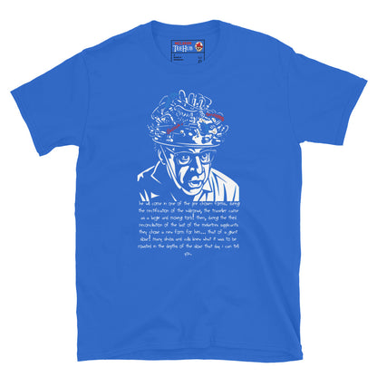 Royal Blue Ghostbusters T-shirt featuring Louis Tully with a wired helmet and the Giant Sloar quote, exclusive to McClaren Tee Hub.