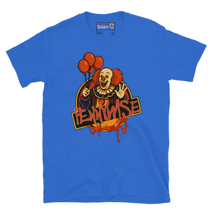 Royal Blue Pennywise horror clown T-shirt with creepy red balloons and dripping retro text design – McLaren T-Hub