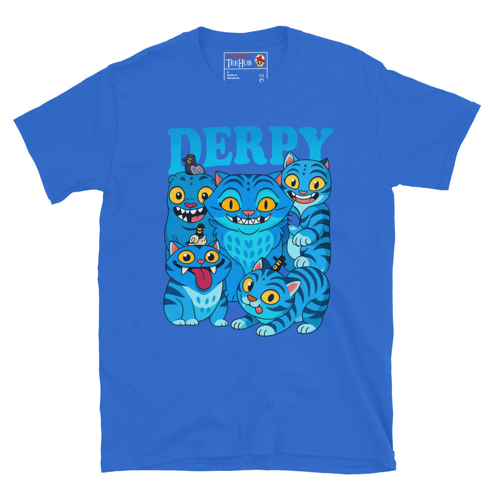 K-Pop Demon Hunters DERPY Demon Royal Blue T-Shirt featuring blue cartoon demon with playful expressions – Exclusive McLaren T-Hub design