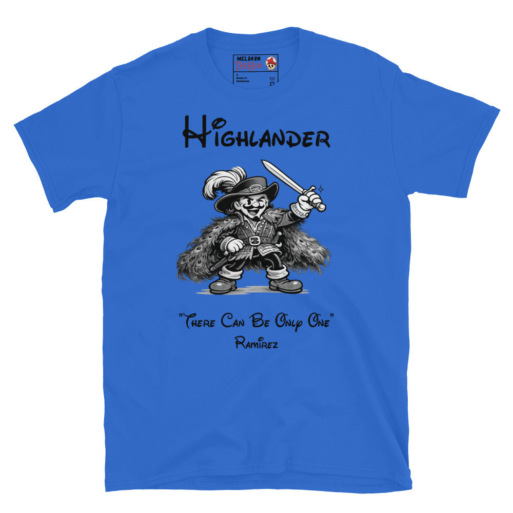 Highlander Ramirez rubber hose cartoon t-shirt featuring vintage 1930s animation style artwork and iconic fantasy movie quote. Royal Blue