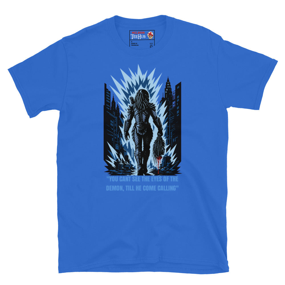 King Willie Predator inspired t-shirt featuring urban hunter artwork and iconic sci-fi horror quote design. Royal Blue 