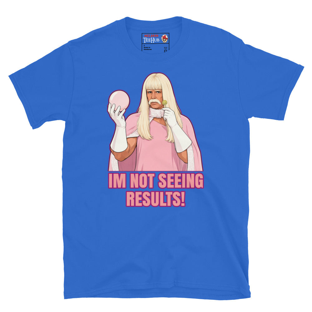 Gentlemen Broncos inspired t-shirt featuring humorous comedy artwork and the phrase I'm Not Seeing Results. Royal Blue 
