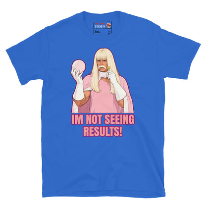 Gentlemen Broncos inspired t-shirt featuring humorous comedy artwork and the phrase I'm Not Seeing Results. Royal Blue 