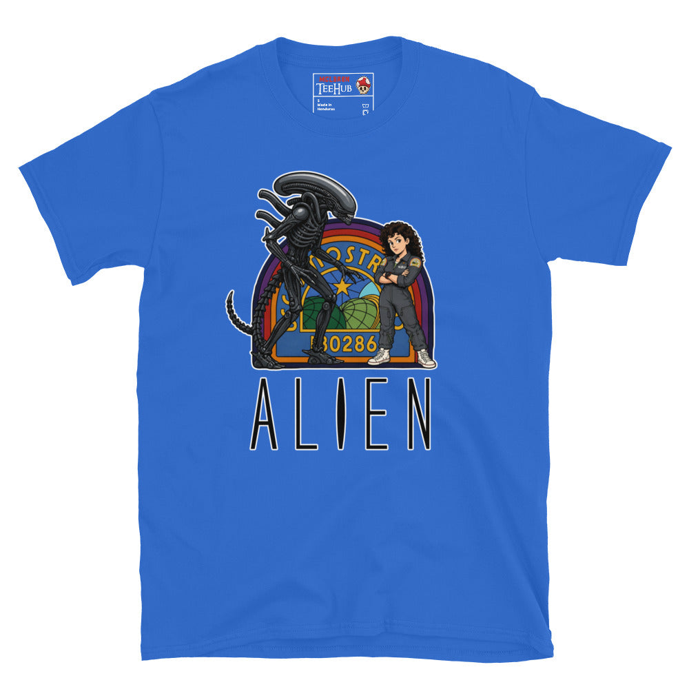Royal Blue Alien movie retro poster t-shirt featuring Ellen Ripley leaning against Xenomorph in front of Nostromo badge with rainbow colours and ALIEN typography
