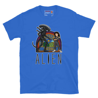 Royal Blue Alien movie retro poster t-shirt featuring Ellen Ripley leaning against Xenomorph in front of Nostromo badge with rainbow colours and ALIEN typography