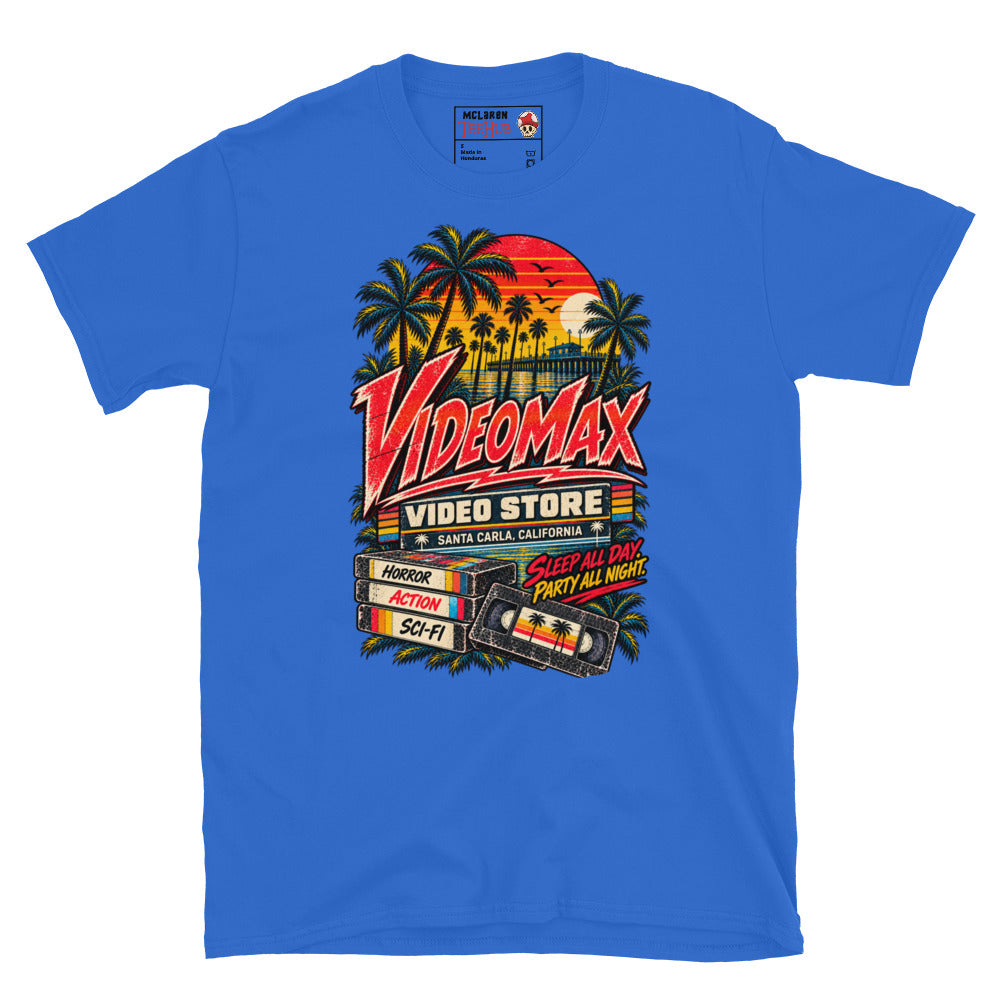 Royal Blue Lost Boys VideoMax Video Store t-shirt with retro California sunset design featuring VideoMax Santa Carla California sign palm trees pier VHS tapes labelled Horror Action Sci-Fi and Sleep All Day Party All Night typography