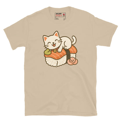 Sand coloured t-shirt featuring a kawaii cartoon cat lounging on a piece of salmon nigiri sushi with wasabi and ginger.