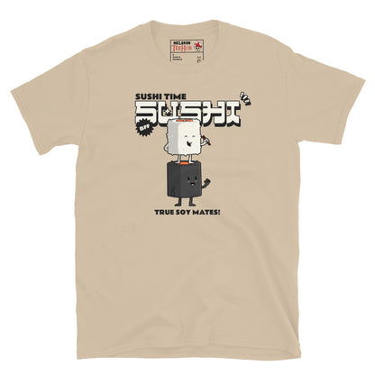 Sand T-shirt with cartoon sushi roll and soy sauce bottle, Japanese text, and the phrase “True Soy Mates!”
