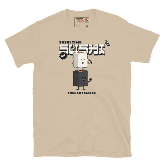 Sand T-shirt with cartoon sushi roll and soy sauce bottle, Japanese text, and the phrase “True Soy Mates!”
