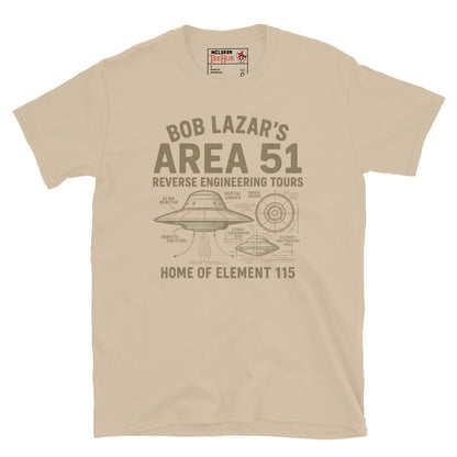 Sand T-shirt featuring a vintage UFO schematic with labeled parts and text: “Bob Lazar’s Area 51 Reverse Engineering Tours – Home of Element 115.”