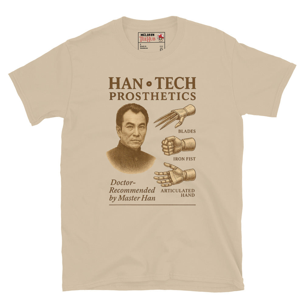 Sand T-shirt featuring a vintage ad parody for Han-Tech Prosthetics with images of blade, iron fist, articulated hand, and Master Han from Enter the Dragon