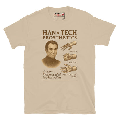 Sand T-shirt featuring a vintage ad parody for Han-Tech Prosthetics with images of blade, iron fist, articulated hand, and Master Han from Enter the Dragon