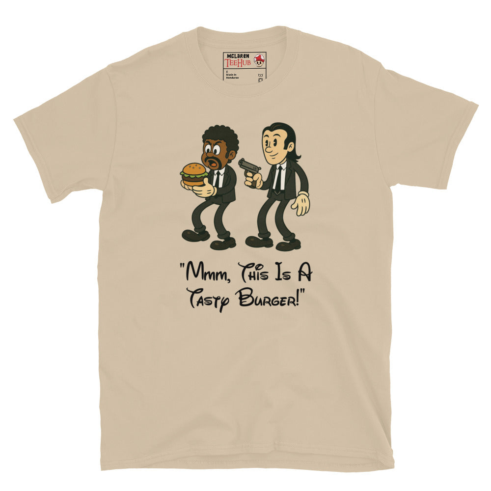 Sand T-shirt with cartoon characters resembling Jules and Vincent from Pulp Fiction, holding a burger and a gun, with the quote “Mmm, This Is a Tasty Burger!”

