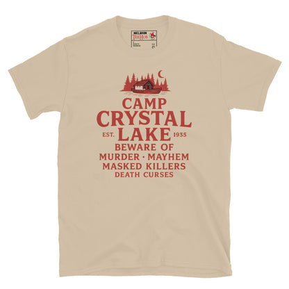 Sand T-shirt featuring a red retro design of Camp Crystal Lake with horror warning text inspired by the Friday the 13th franchise.