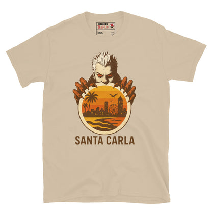 Sand T-shirt featuring a vampire holding a sunset cityscape of Santa Carla, inspired by The Lost Boys movie.