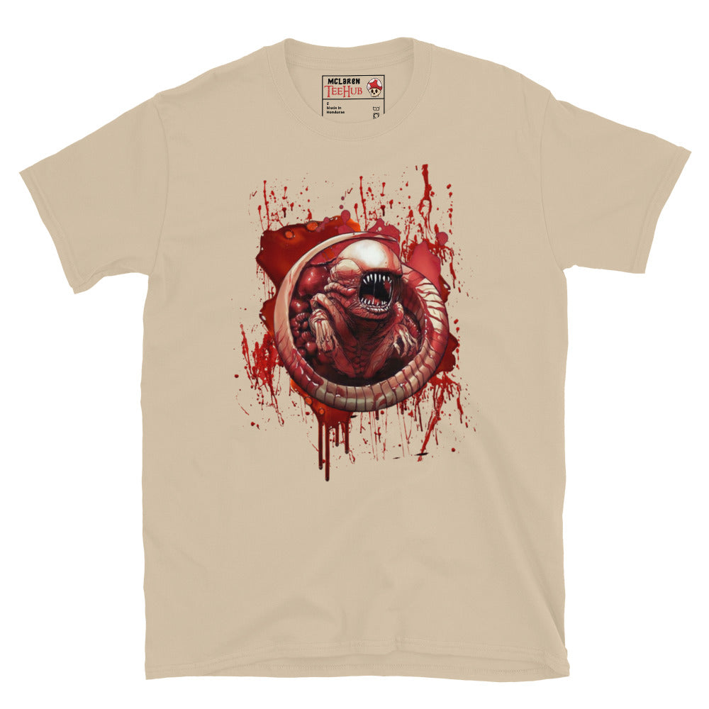 Sand T-shirt featuring a detailed chestburster creature erupting with blood splatter, inspired by the Alien movie franchise.