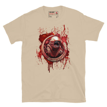 Sand T-shirt featuring a detailed chestburster creature erupting with blood splatter, inspired by the Alien movie franchise.