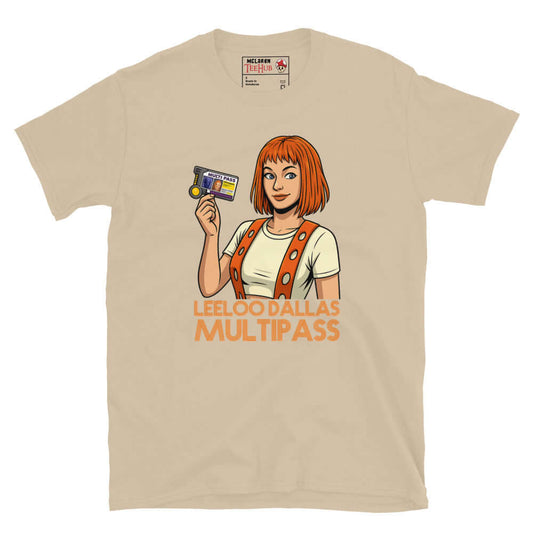 Cartoon-style Leeloo from The Fifth Element holding a multipass with the words “Leeloo Dallas Multipass” on a sand coloured T-shirt.