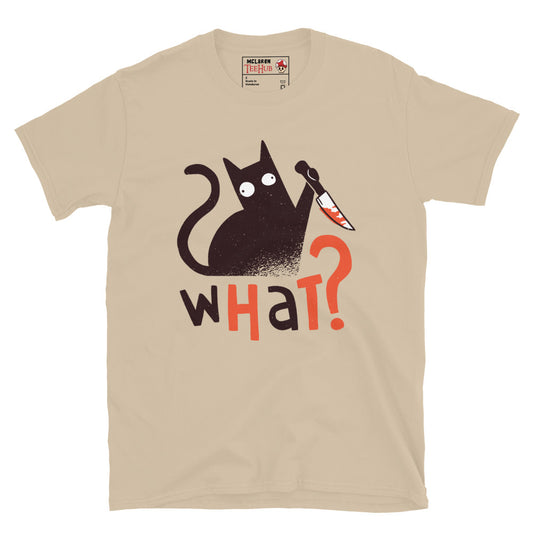 Killer cat graphic tee for horror fans and cat lovers, sand colour T-shirt