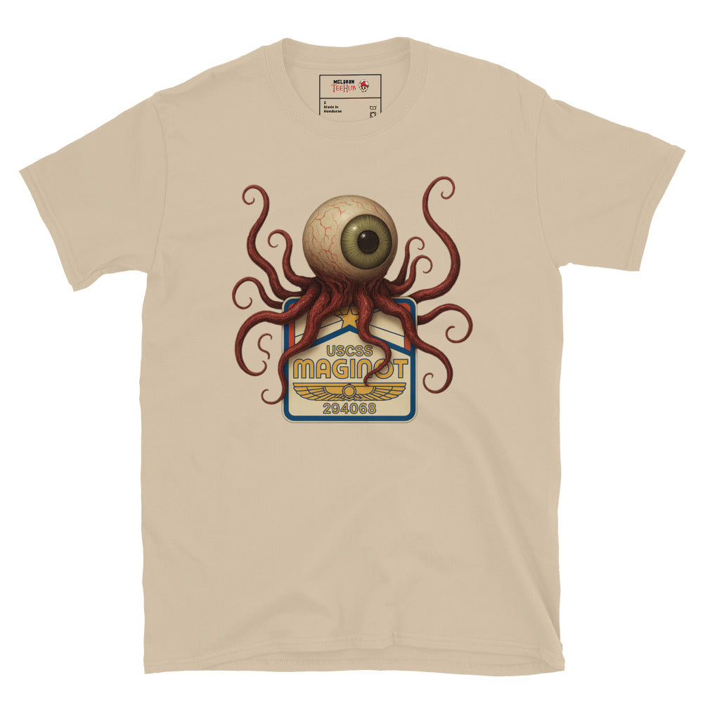 Sand Alien Earth T-shirt with USCSS Maginot badge and grotesque T-Ocellus monster – retro sci-fi horror design.