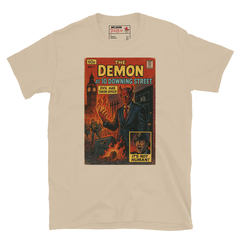 Retro comic-style sand T-shirt design featuring The Demon at 10 Downing Street with fiery London chaos, exclusive to McLaren T-Hub.