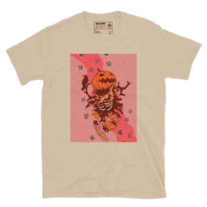 Sand T-shirt with a fiery skeleton design featuring a jack-o’-lantern pumpkin head, raven, autumn leaves, and Halloween horror aesthetic – McLaren TeeHub exclusive.