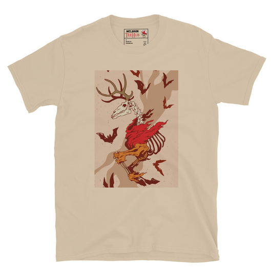 Wendigo Horror T-Shirt – beige tee with skeletal stag skull and bats – McLaren TeeHub exclusive