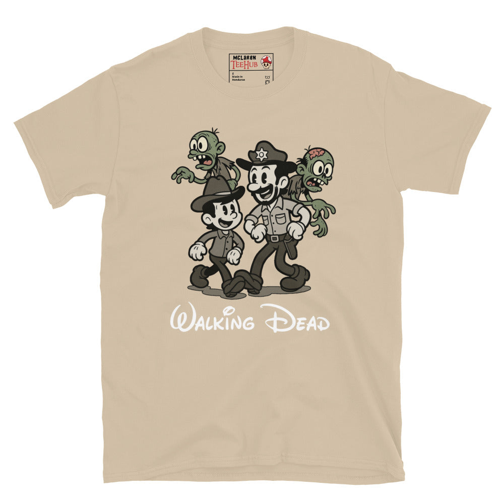 Walking Dead Retro Cartoon Sand T-Shirt featuring Rick Grimes, Carl, and zombies in vintage animation style – Exclusive McLaren T-Hub Horror Streetwear