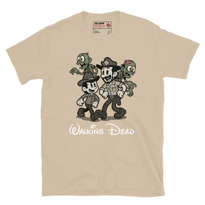 Walking Dead Retro Cartoon Sand T-Shirt featuring Rick Grimes, Carl, and zombies in vintage animation style – Exclusive McLaren T-Hub Horror Streetwear