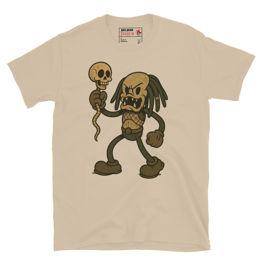 Retro Cartoon Predator T-Shirt in sand colour – Predator rubber-hose style holding skull, exclusive McLaren TeeHub design