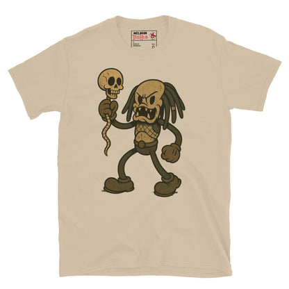 Retro Cartoon Predator T-Shirt in sand colour – Predator rubber-hose style holding skull, exclusive McLaren TeeHub design