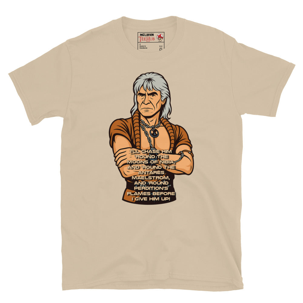 Stylized cartoon of Khan Noonien Singh from Star Trek II: The Wrath of Khan with famous quote printed below, exclusive McLaren TeeHub T-shirt. Sand Colour