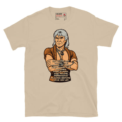 Stylized cartoon of Khan Noonien Singh from Star Trek II: The Wrath of Khan with famous quote printed below, exclusive McLaren TeeHub T-shirt. Sand Colour
