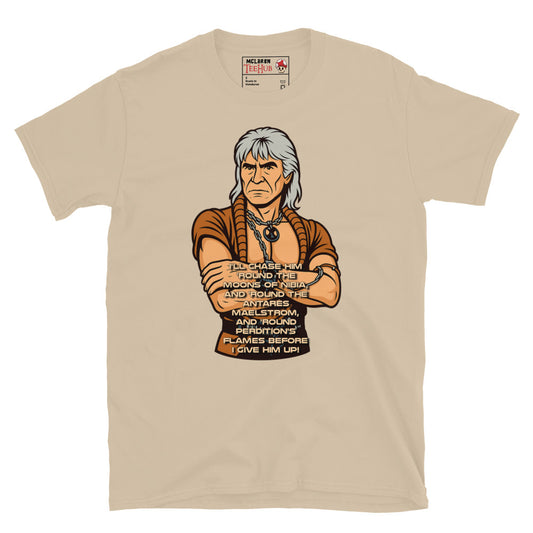Stylized cartoon of Khan Noonien Singh from Star Trek II: The Wrath of Khan with famous quote printed below, exclusive McLaren TeeHub T-shirt. Sand Colour