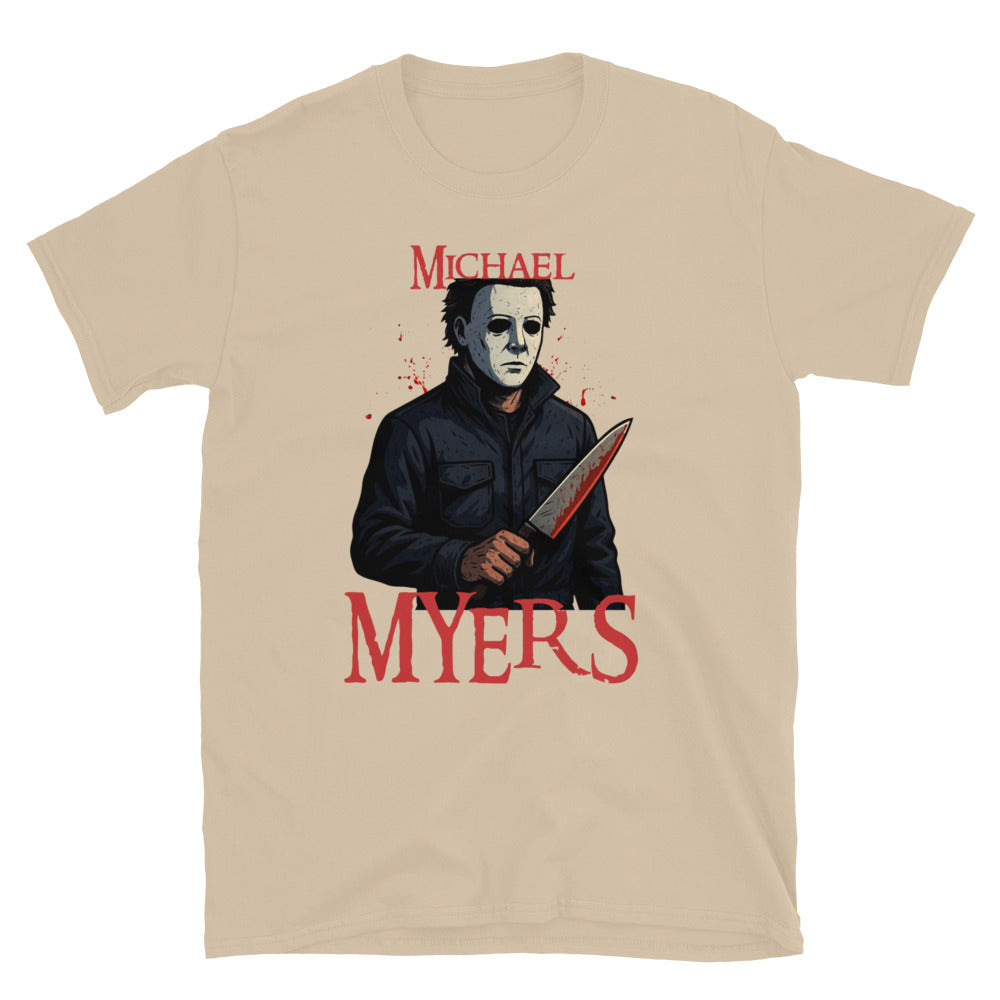 Michael Myers horror Sand T-shirt – Halloween slasher graphic tee with bloody knife design, exclusive to McLaren TeeHub.