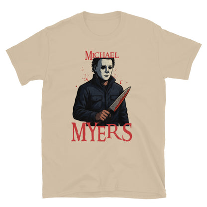 Michael Myers horror Sand T-shirt – Halloween slasher graphic tee with bloody knife design, exclusive to McLaren TeeHub.