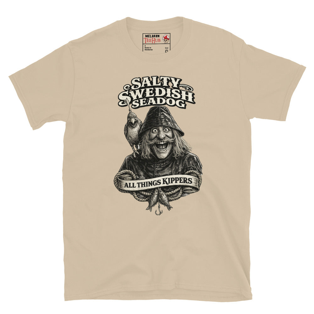 Inspector Clouseau Salty Swedish Seadog t-shirt with vintage nautical illustration of fisherman character and retro typography, Sand