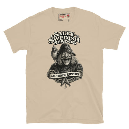 Inspector Clouseau Salty Swedish Seadog t-shirt with vintage nautical illustration of fisherman character and retro typography, Sand