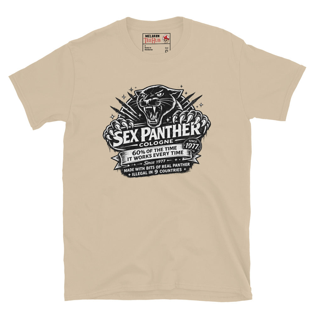 Sex Panther Cologne t-shirt with vintage label design and panther graphic inspired by Anchorman movie, Sand