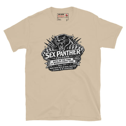 Sex Panther Cologne t-shirt with vintage label design and panther graphic inspired by Anchorman movie, Sand