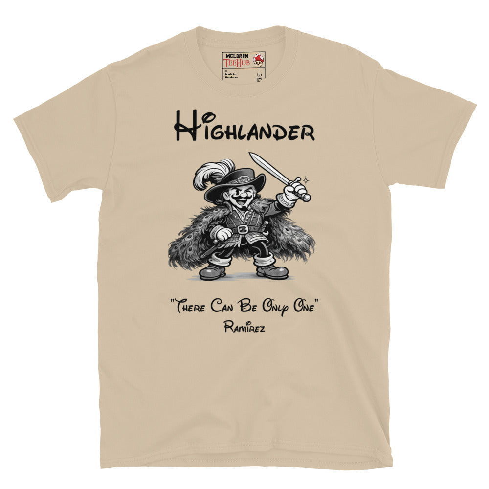Highlander Ramirez rubber hose cartoon t-shirt featuring vintage 1930s animation style artwork and iconic fantasy movie quote. Sand